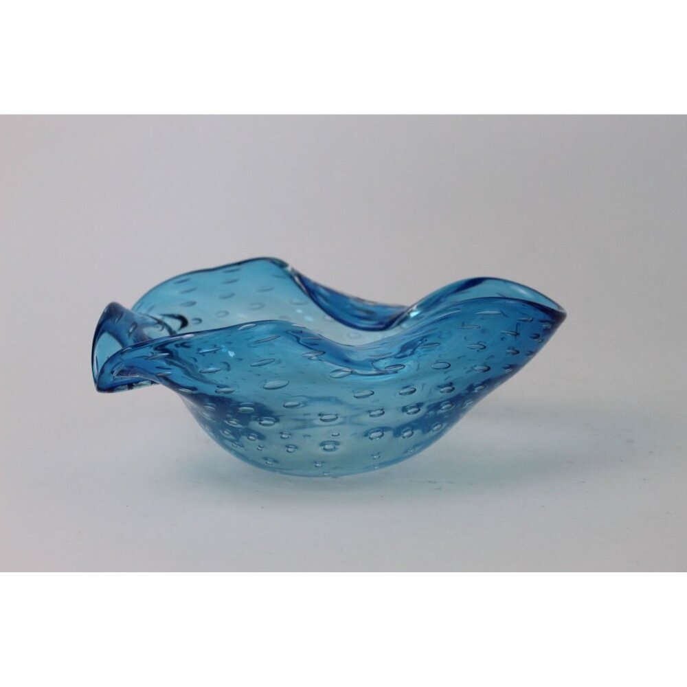 Vintage Italian Murano-Style Aqua Glass Ashtray / Bowl With Controlled Bubble De